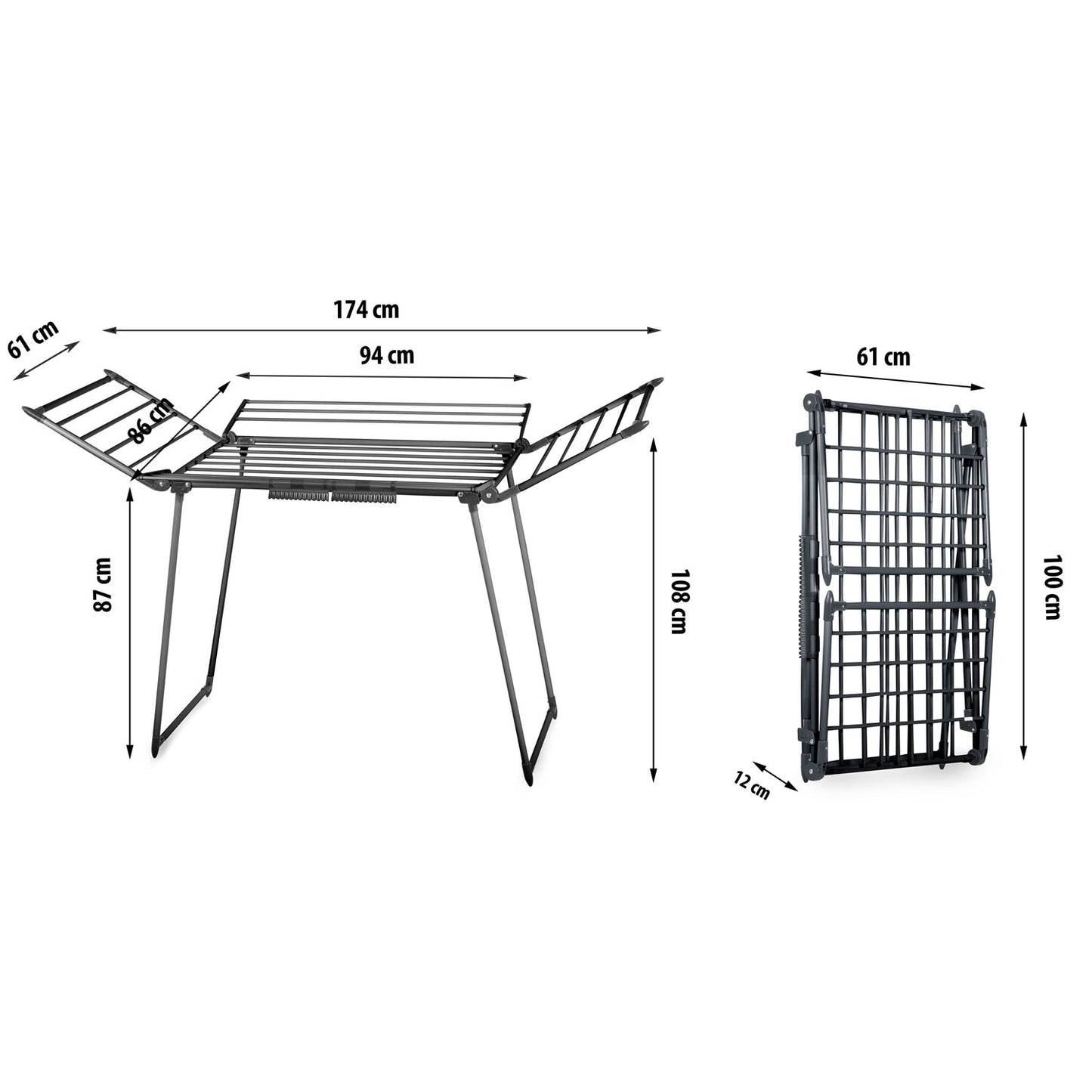 Collapsible black drying rack with 22 meter line