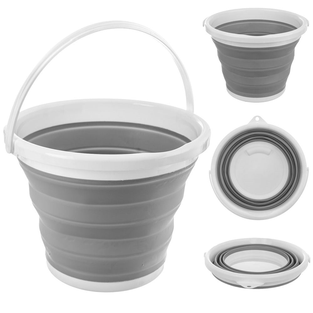 Collapsible bucket with handle, spout and hook for hanging
