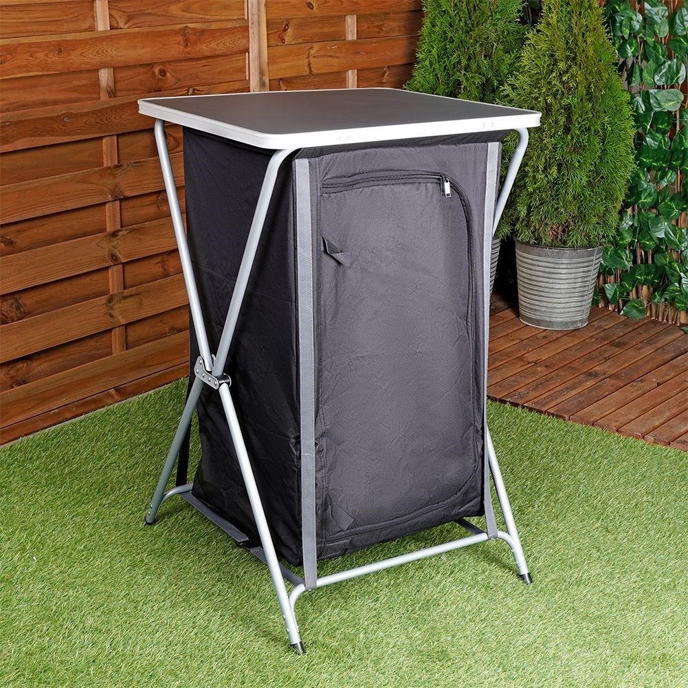 Collapsible camping kitchen cabinet with 3 shelves and weatherproof surface
