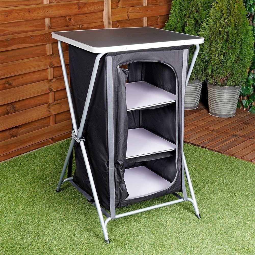 Collapsible camping kitchen cabinet with 3 shelves and weatherproof surface