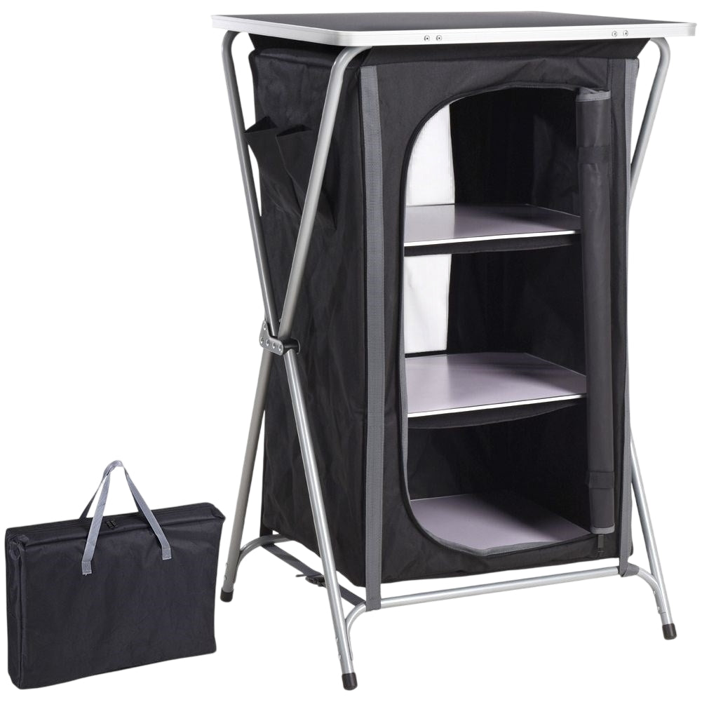 Collapsible camping kitchen cabinet with 3 shelves and weatherproof surface