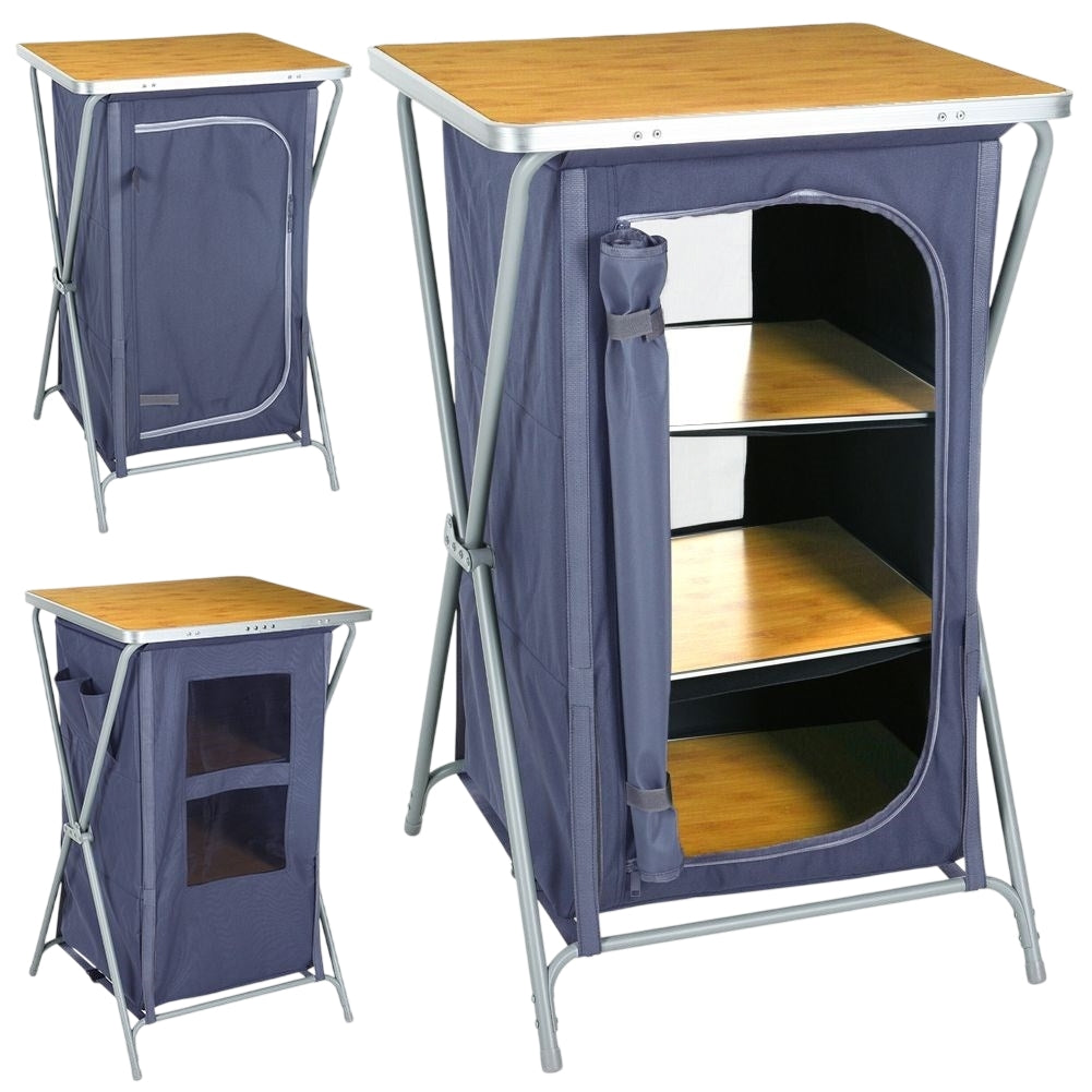 Collapsible camping shelter with shelves and weatherproof worktop
