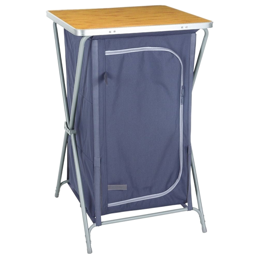 Collapsible camping shelter with shelves and weatherproof worktop