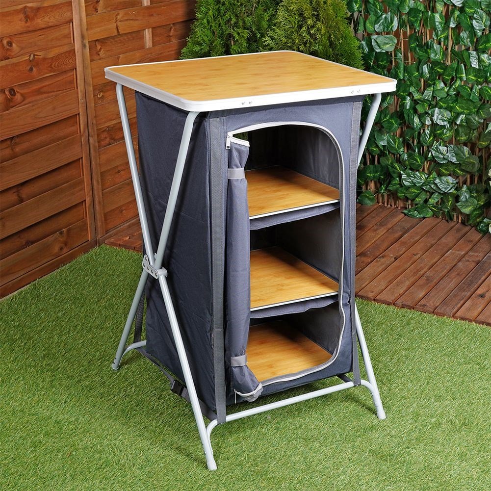 Collapsible camping shelter with shelves and weatherproof worktop