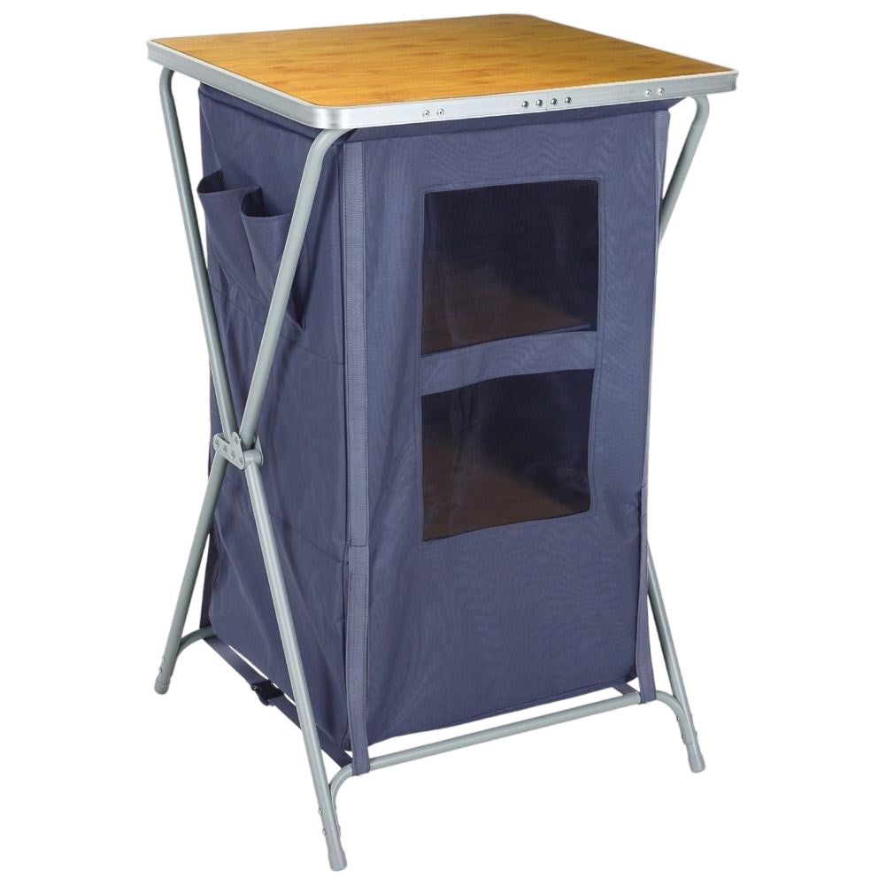 Collapsible camping shelter with shelves and weatherproof worktop