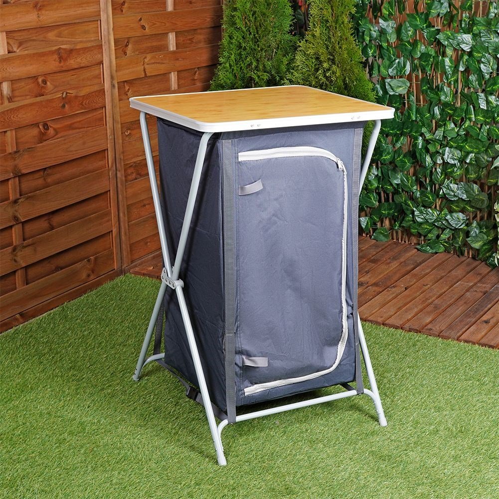 Collapsible camping shelter with shelves and weatherproof worktop
