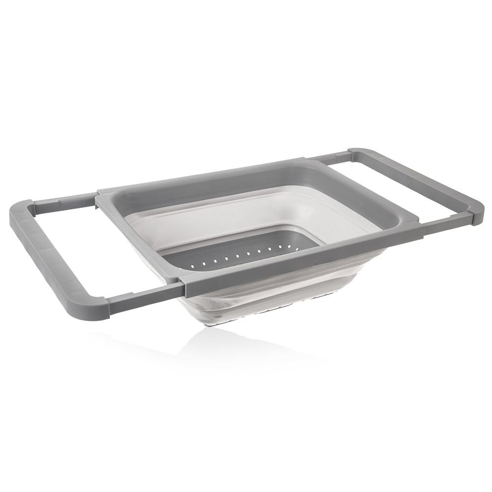 Collapsible kitchen strainer with pull-out handles in gray silicone