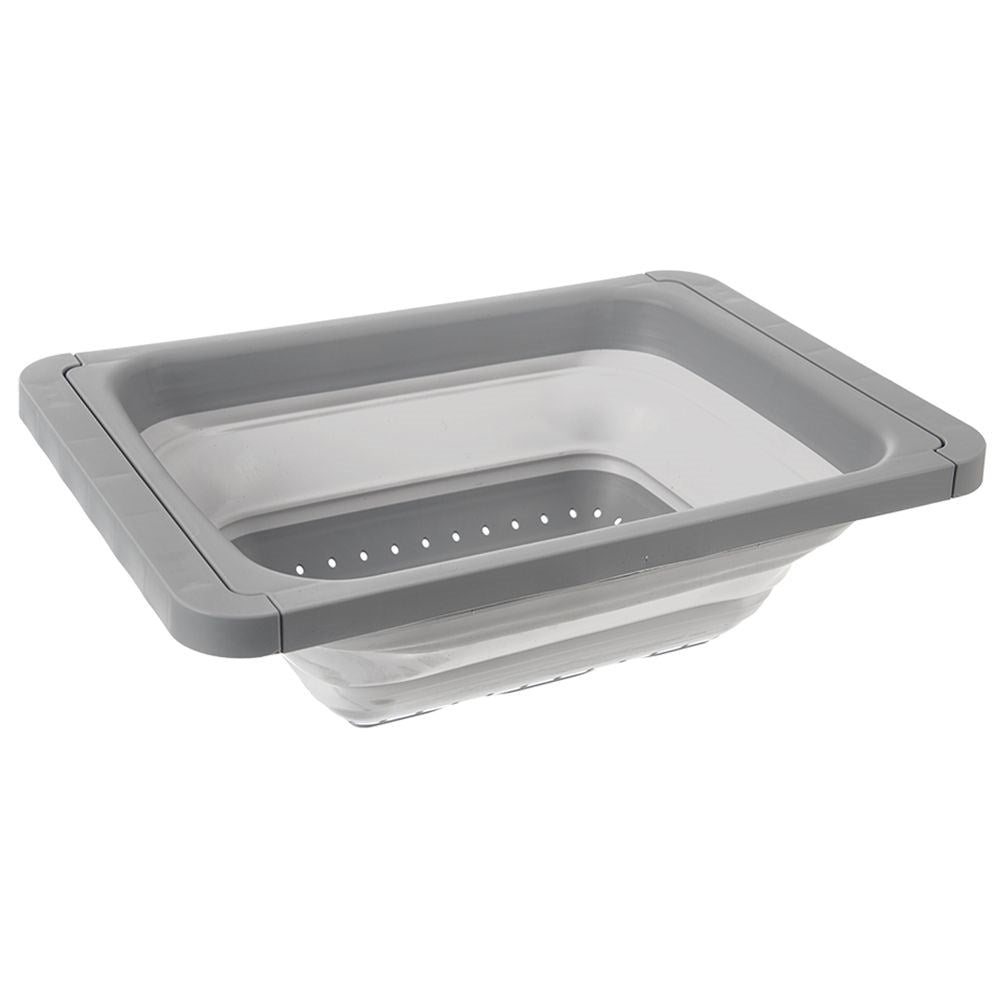 Collapsible kitchen strainer with pull-out handles in gray silicone