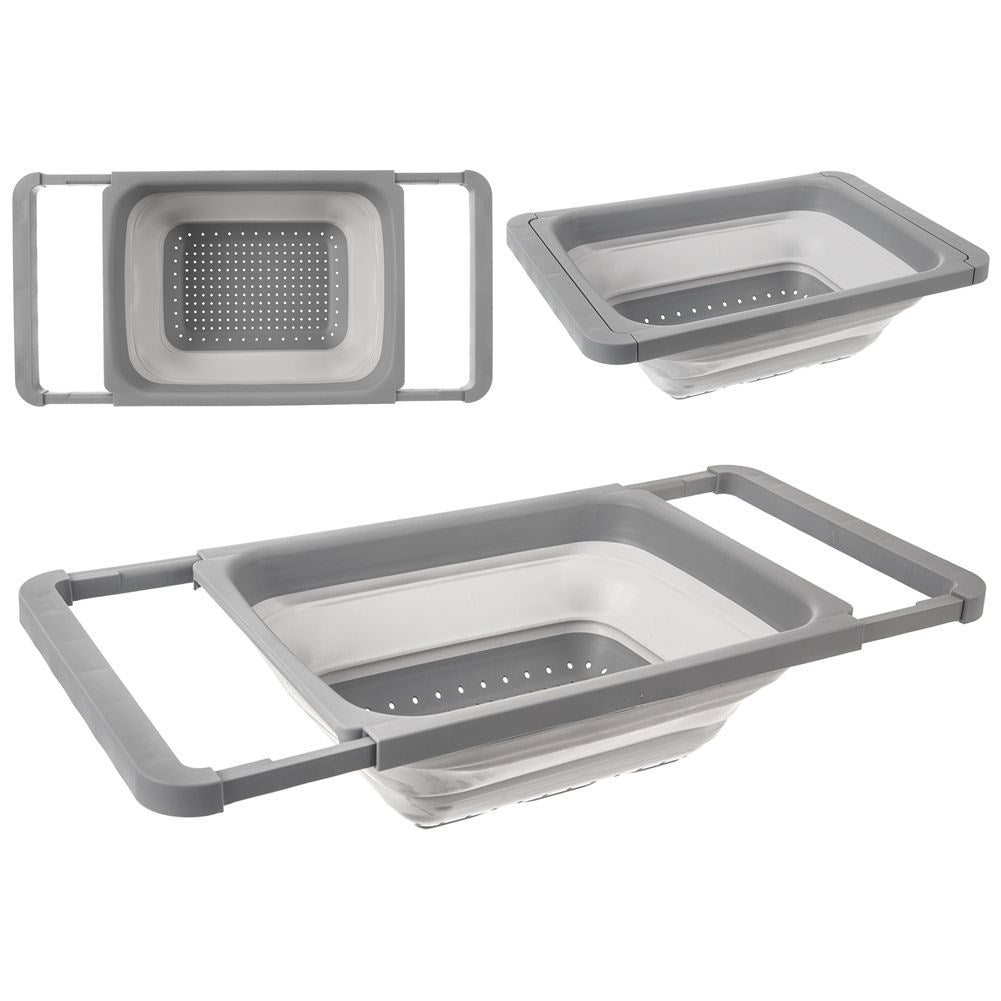 Collapsible kitchen strainer with pull-out handles in gray silicone