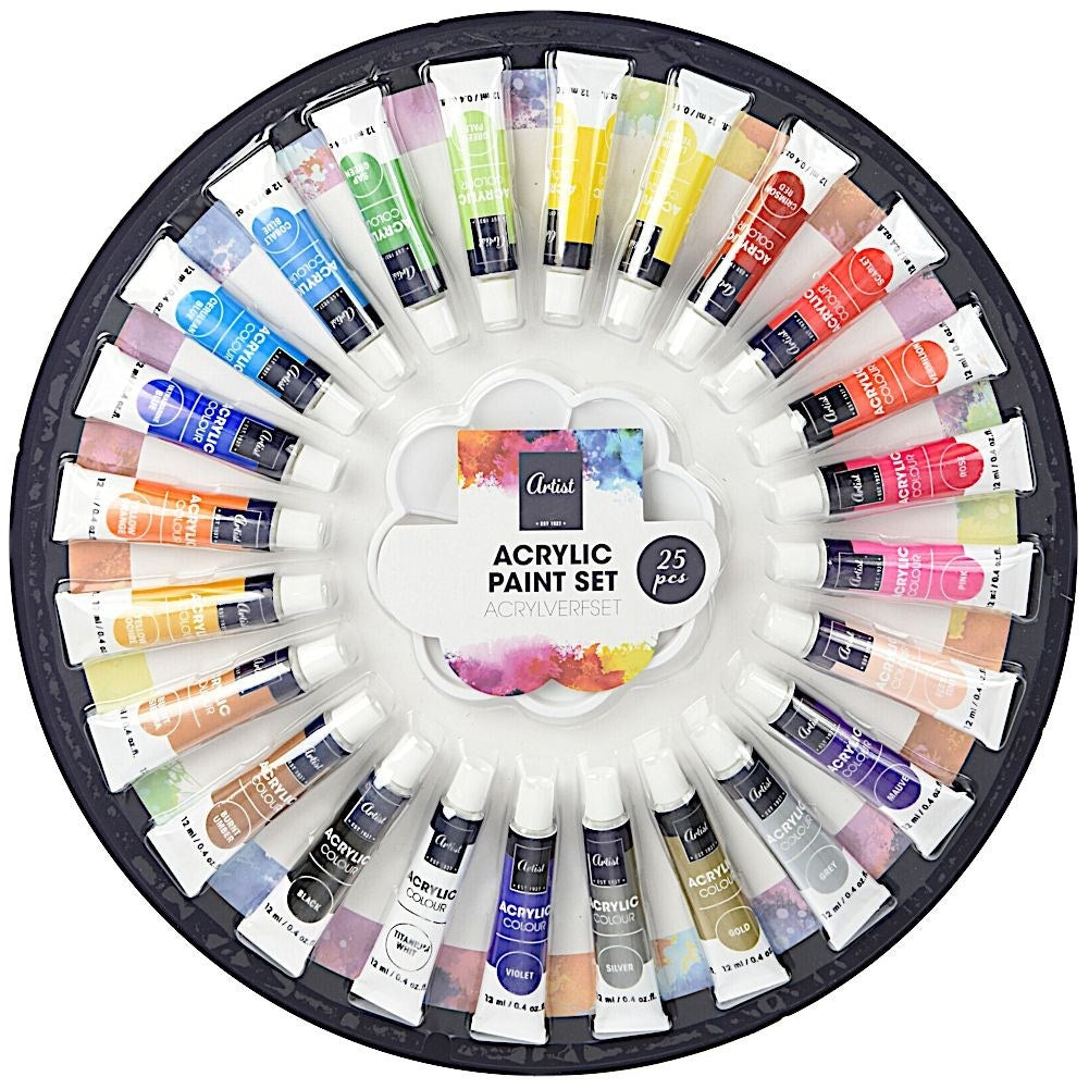 Colorful acrylic paint set with 24 colors and plastic palette