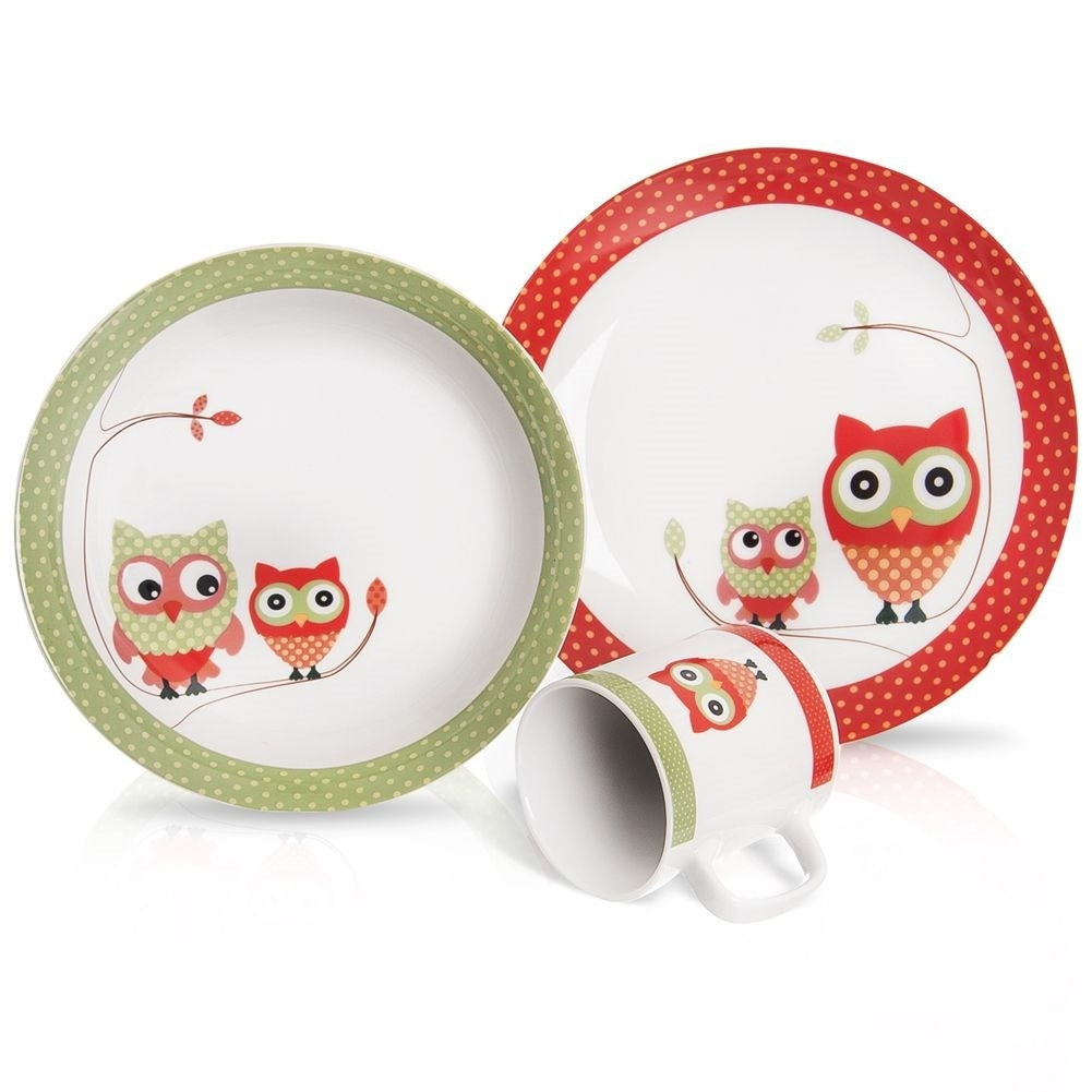 Colorful breakfast set with owl motif for children, dishwasher safe