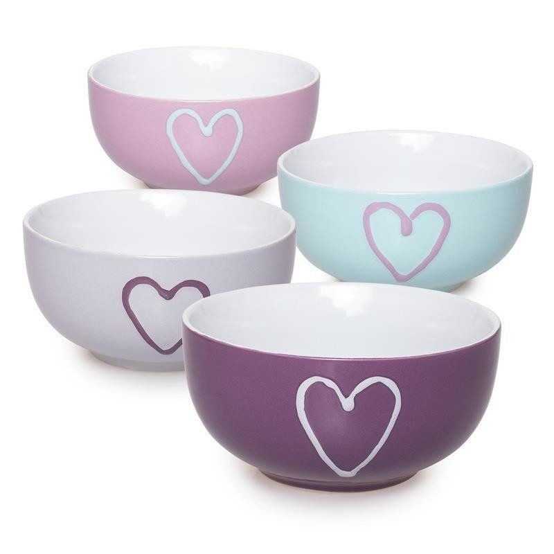 Colorful ceramic broth bowls with heart motifs, 4-pack