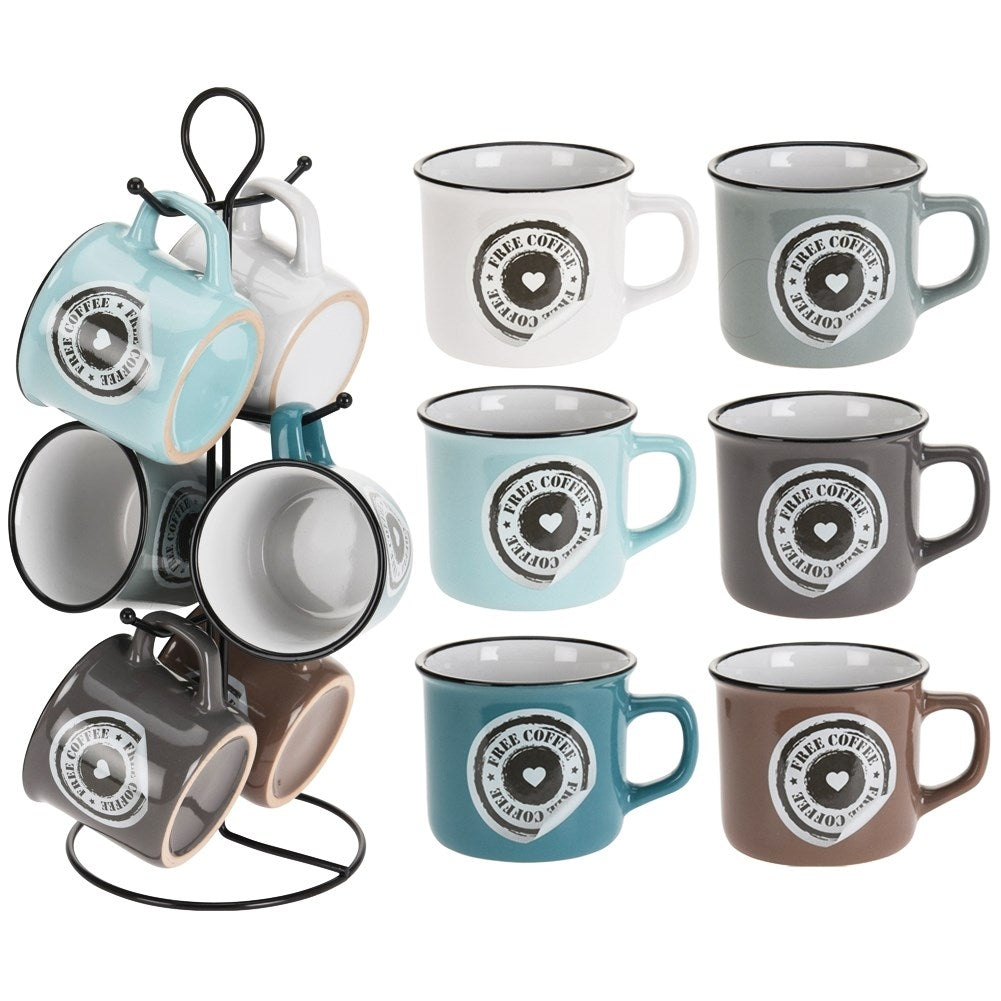 Colorful ceramic cups with stand - comfortable handles