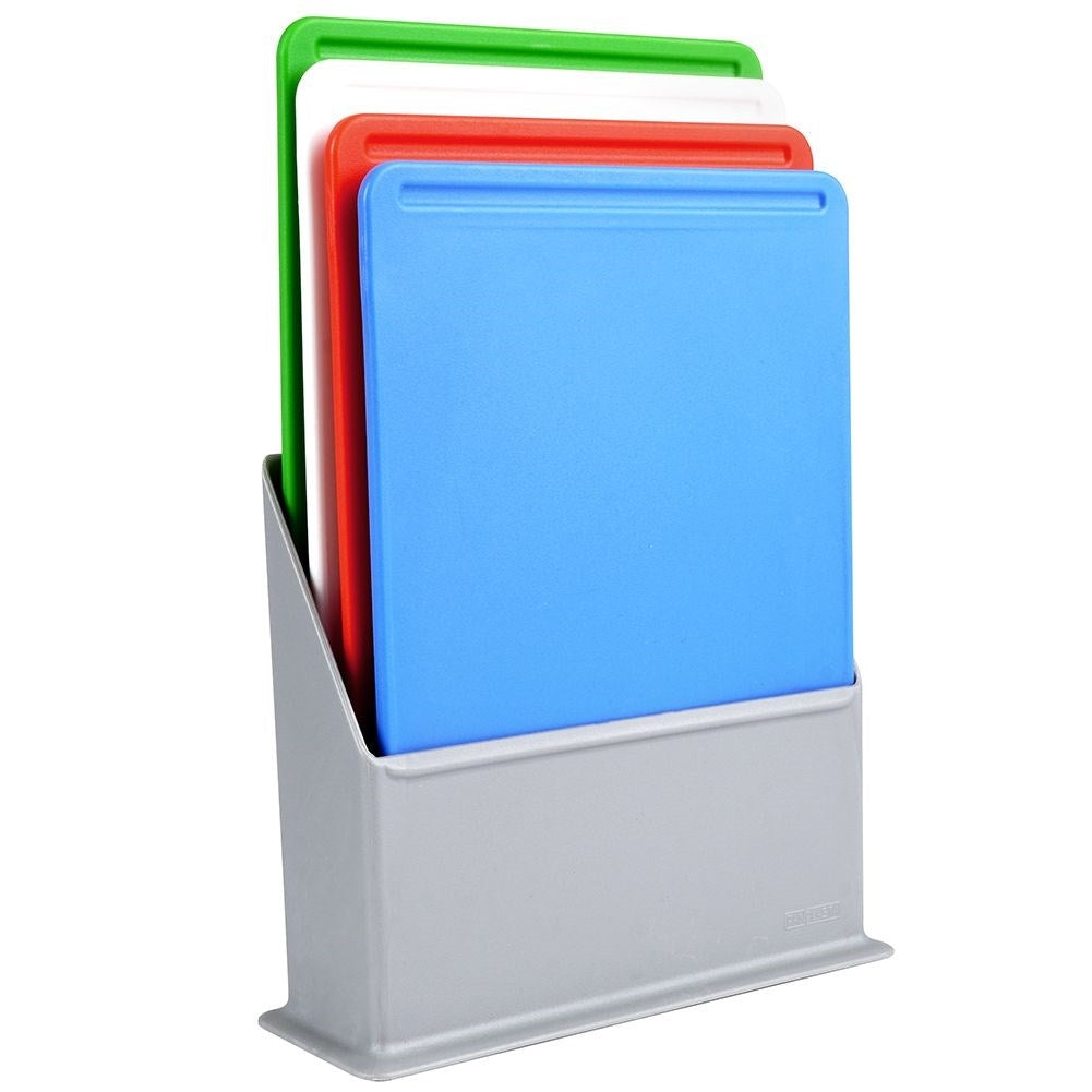 Colorful kitchen boards with stands for various food items