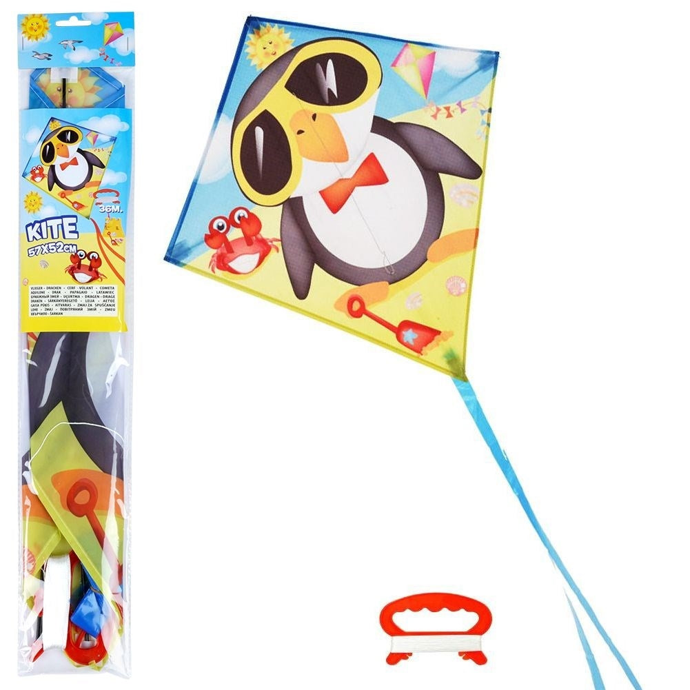 Colorful kite with penguin motif and 36m long line