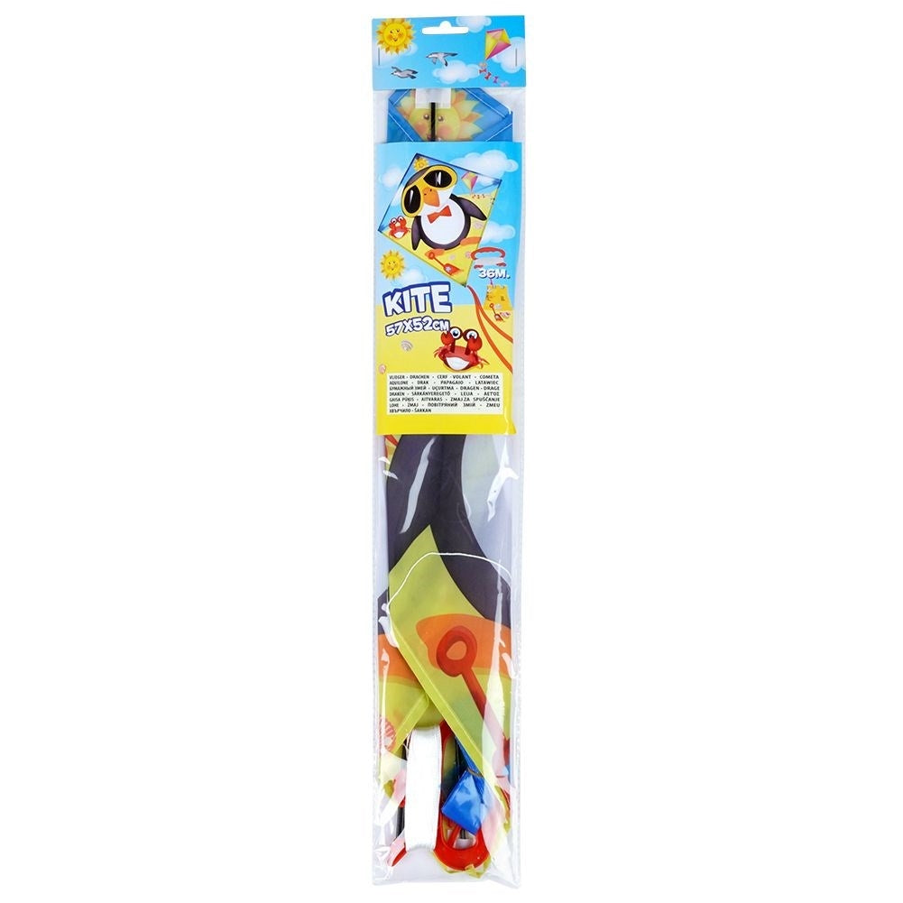 Colorful kite with penguin motif and 36m long line