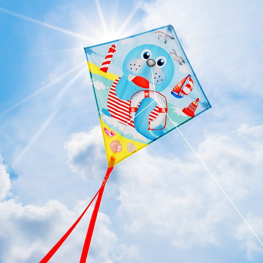 Colorful kite with sea lion motif and 36m line