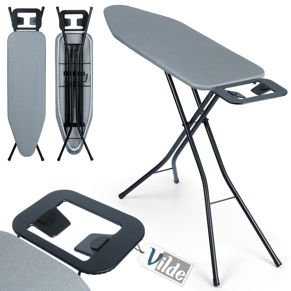 Comfortable and stable ironing board with iron holder