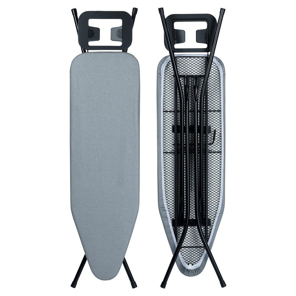 Comfortable and stable ironing board with iron holder