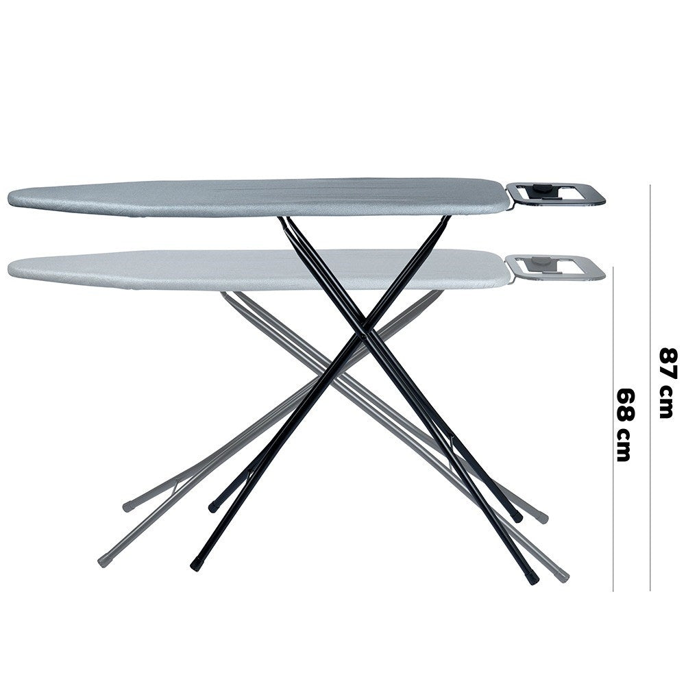 Comfortable and stable ironing board with iron holder