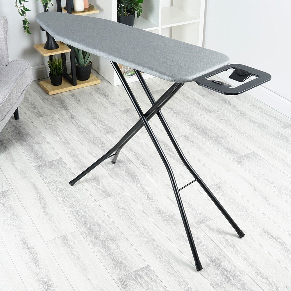 Comfortable and stable ironing board with iron holder