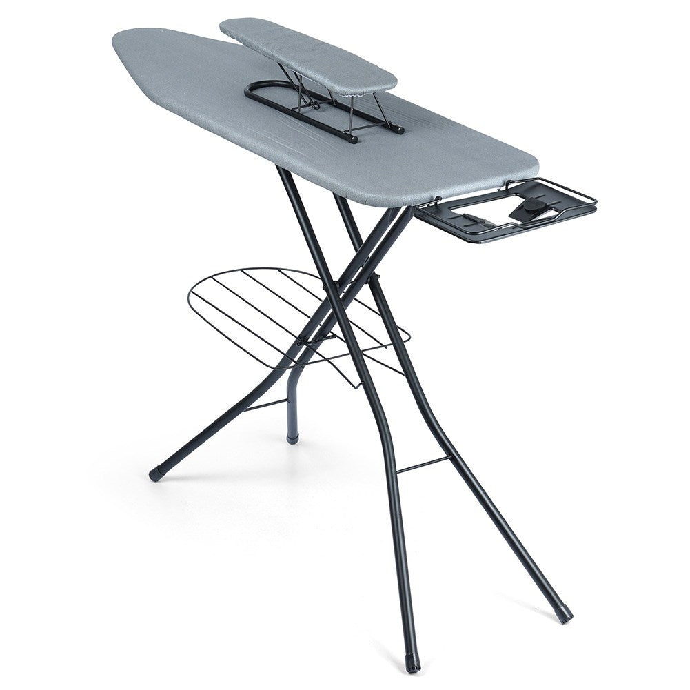 Comfortable ironing board with iron holder, compact storage