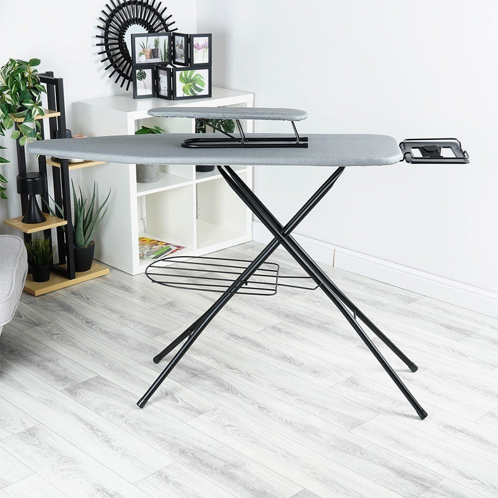 Comfortable ironing board with iron holder, compact storage