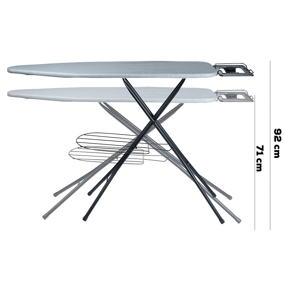 Comfortable ironing board with iron holder, compact storage