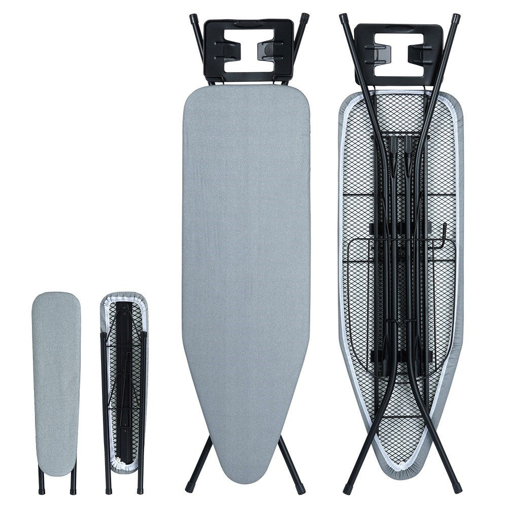 Comfortable ironing board with iron holder, compact storage