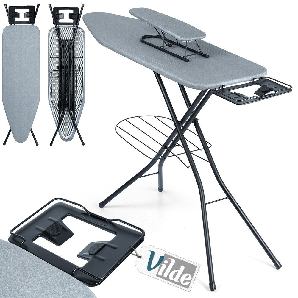 Comfortable ironing board with iron holder, compact storage