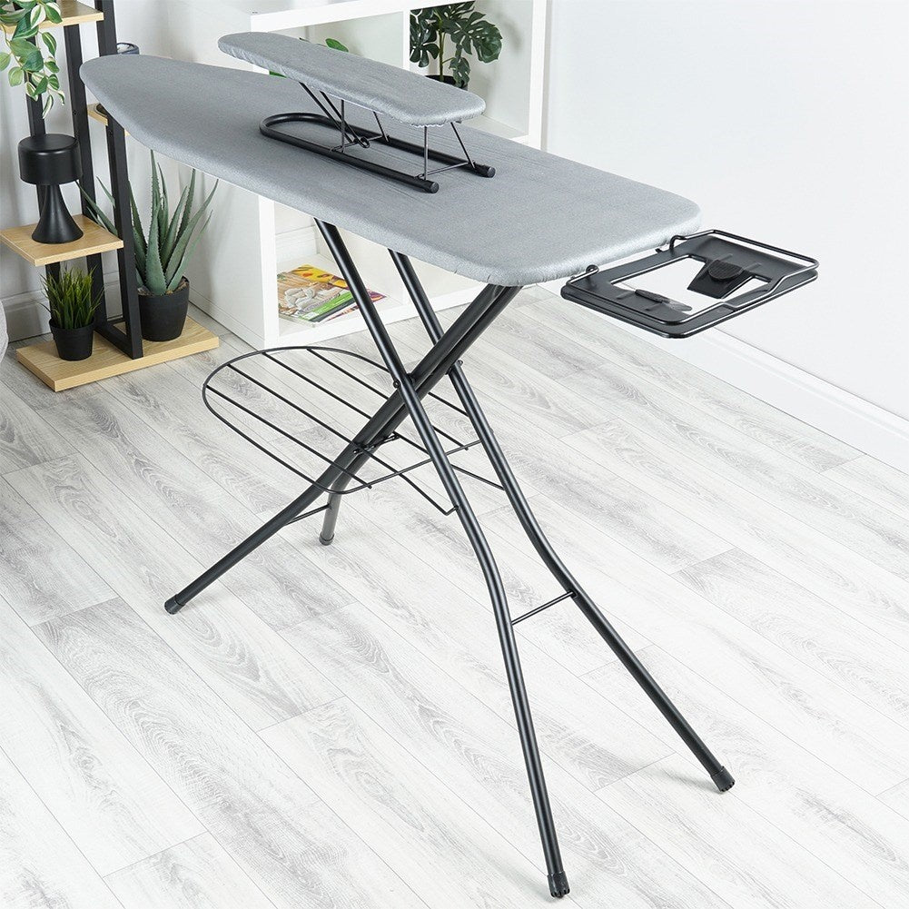 Comfortable ironing board with iron holder, compact storage