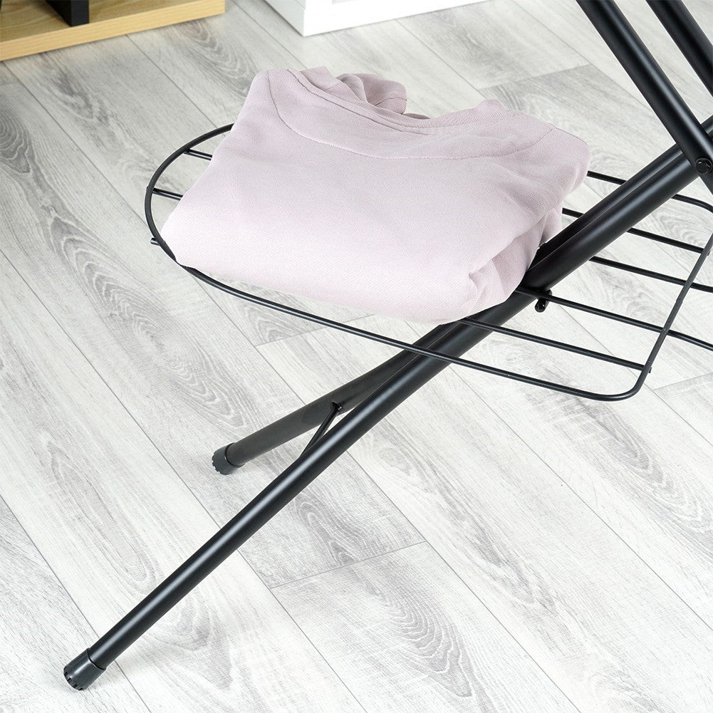 Comfortable ironing board with iron holder, compact storage
