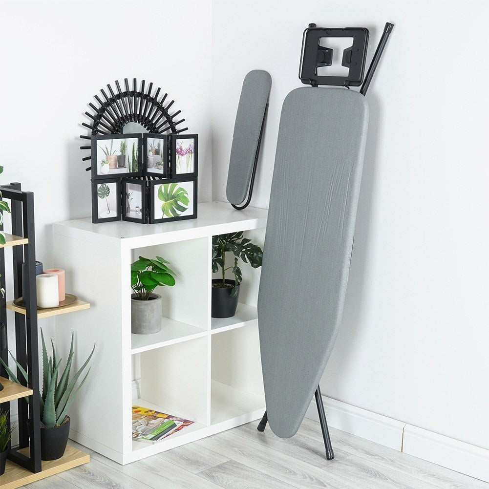 Comfortable ironing board with iron holder, compact storage