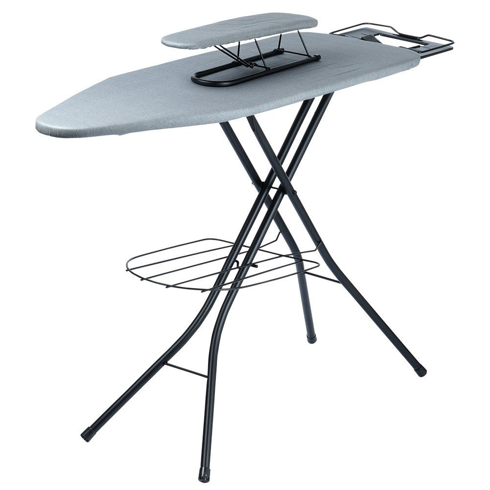 Comfortable ironing board with iron holder, compact storage