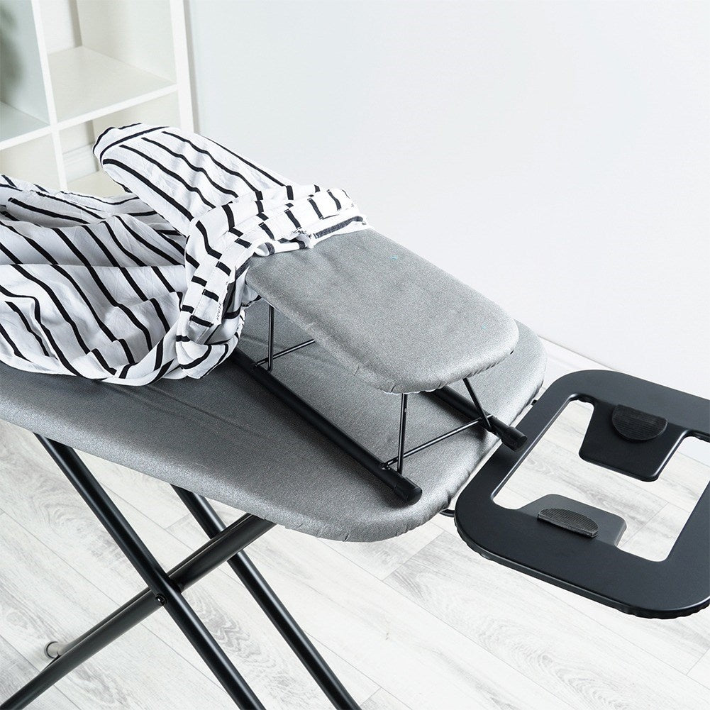 Comfortable ironing board with iron holder, compact storage
