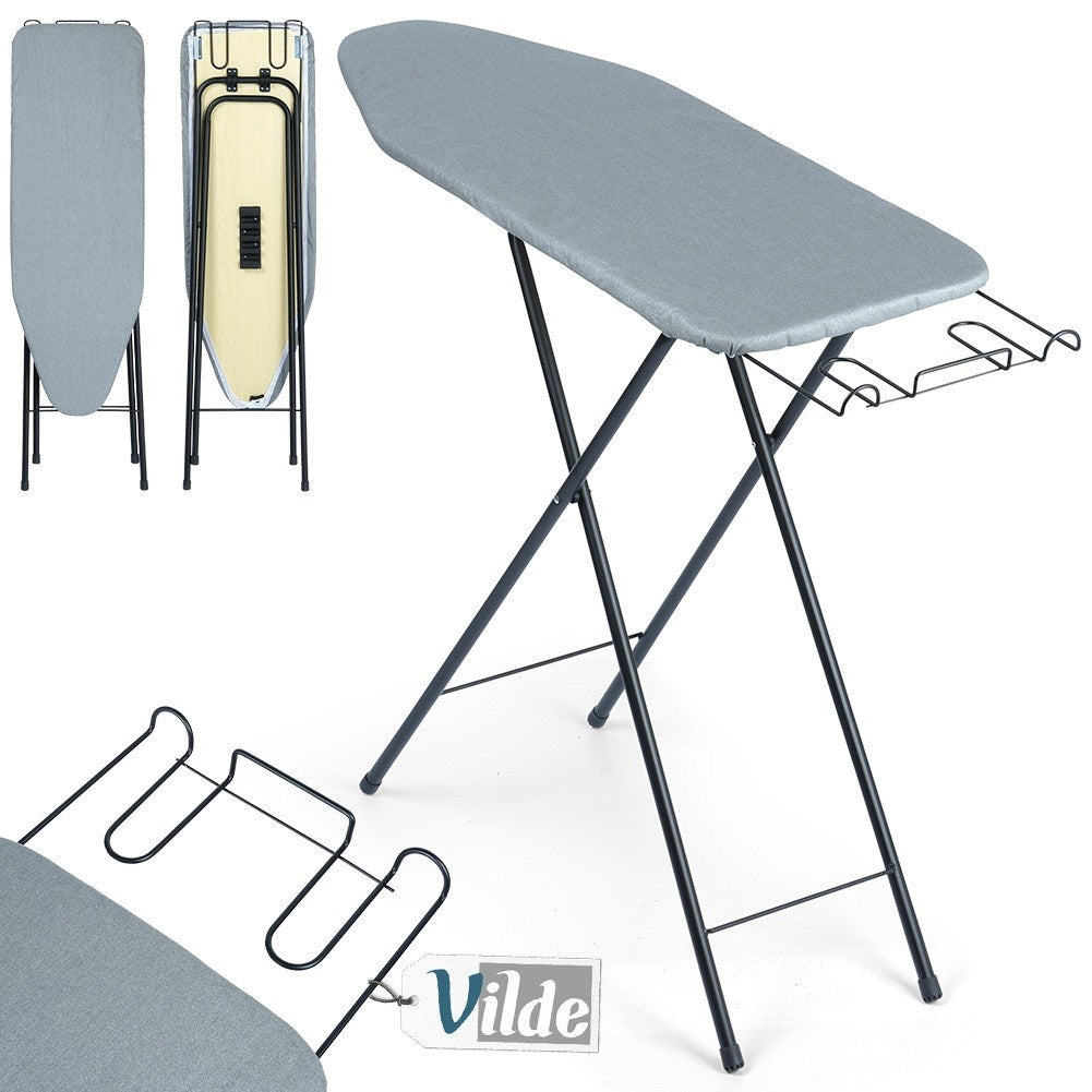 Comfortable, stable ironing board with iron holder