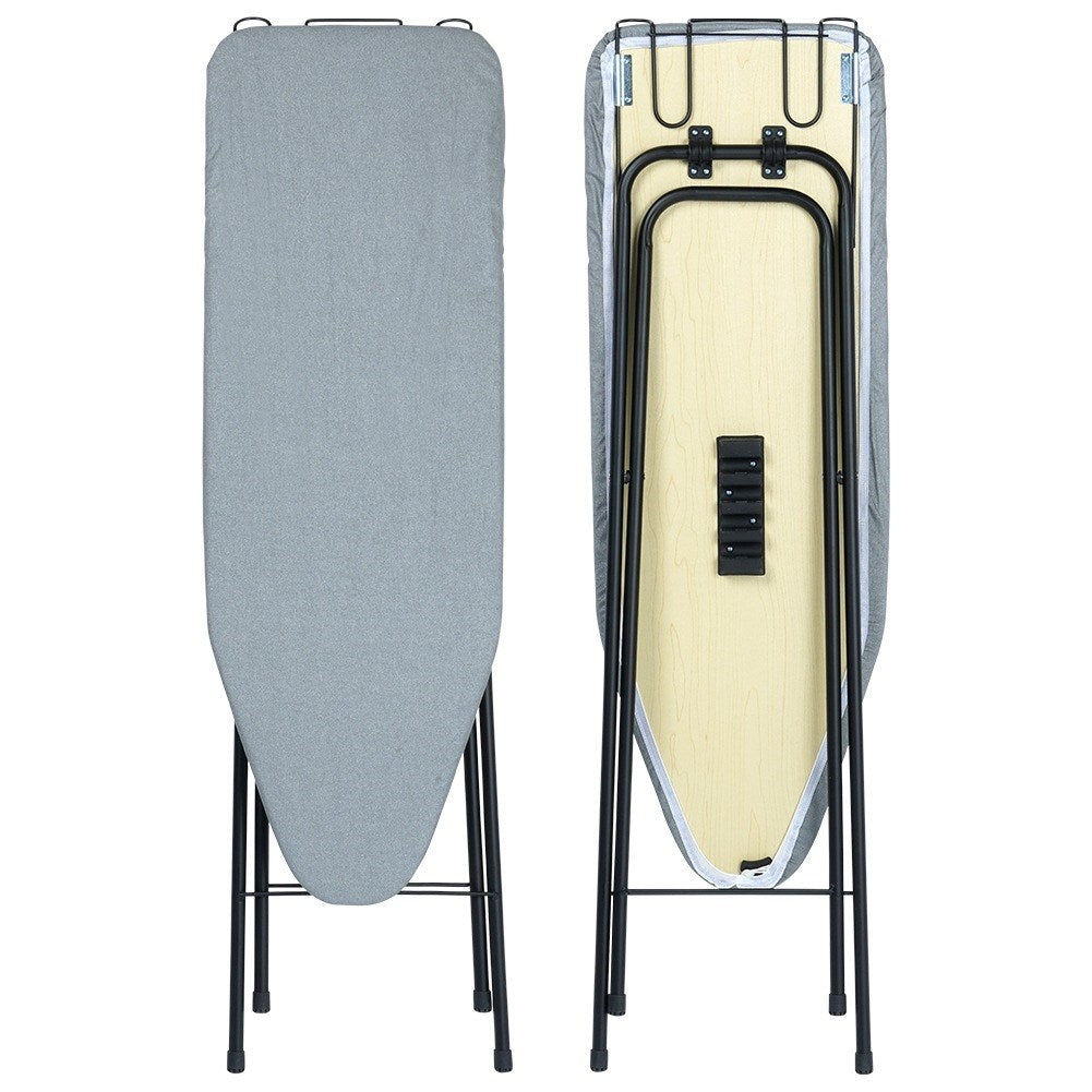 Comfortable, stable ironing board with iron holder