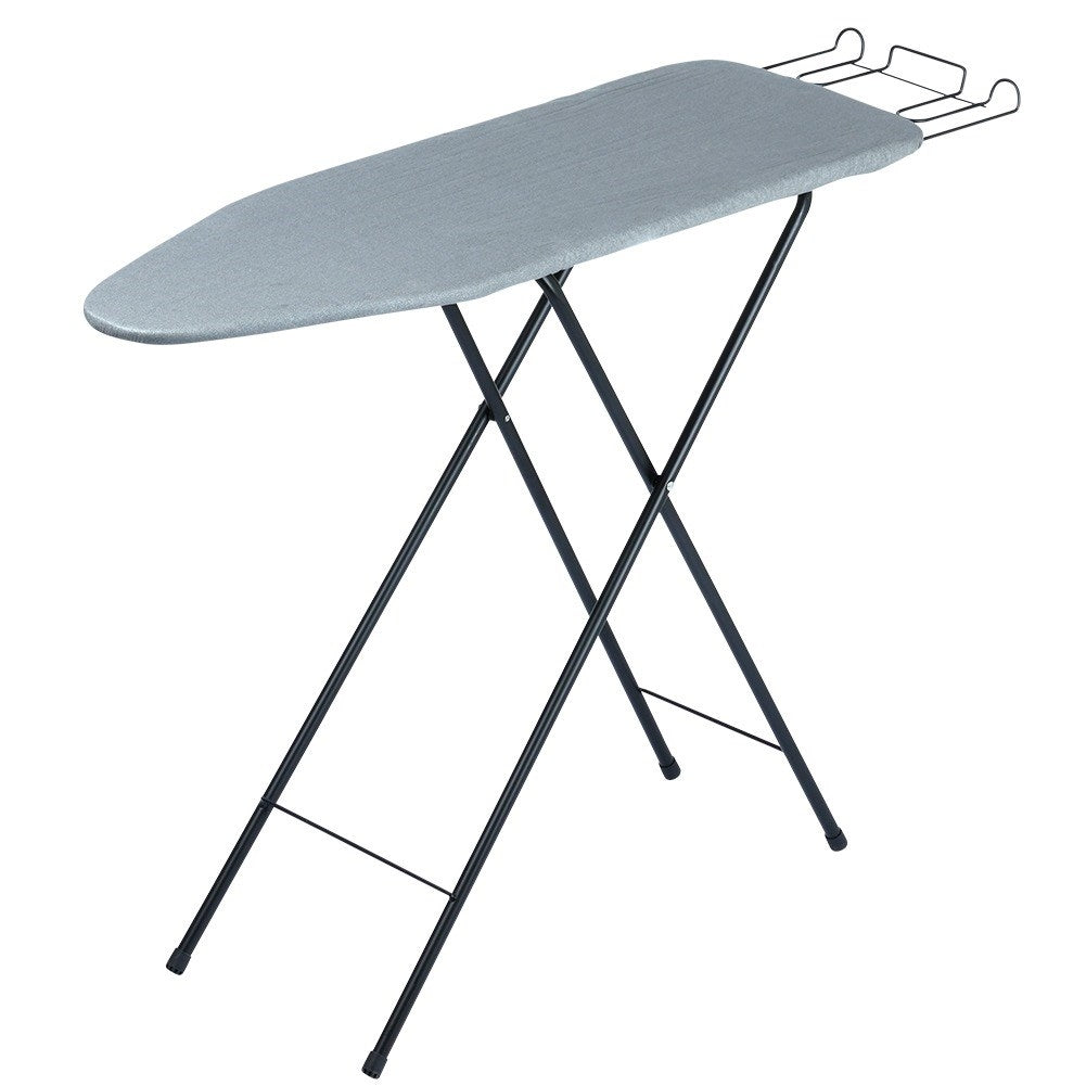 Comfortable, stable ironing board with iron holder