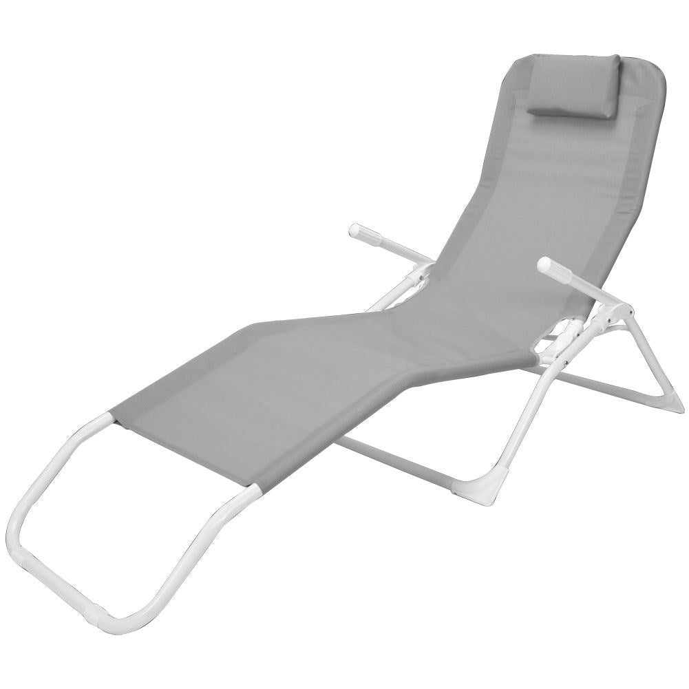 Comfortable sun lounger with gravity function in grey-white colour