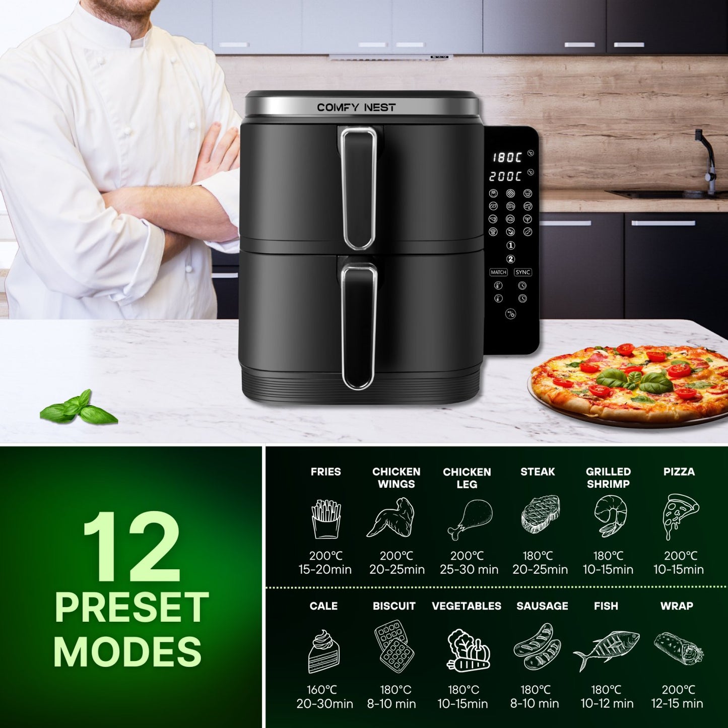 Comfy Nest CN-06177: 2800W Double Basket Air Fryer with Digital Folding Side Panel - 11L