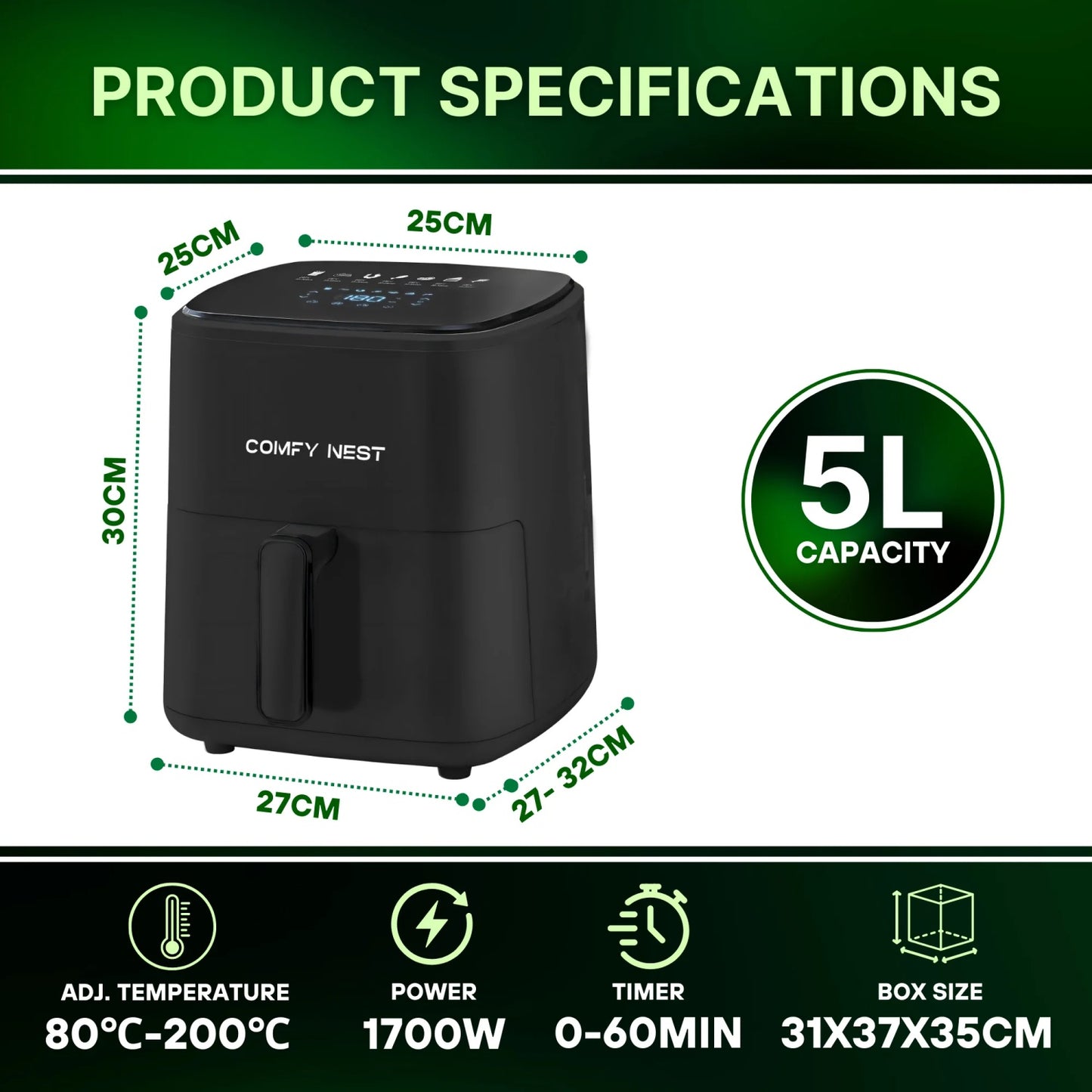 Comfy Nest CN-06191: 1400W Digital Air Fryer - 5L