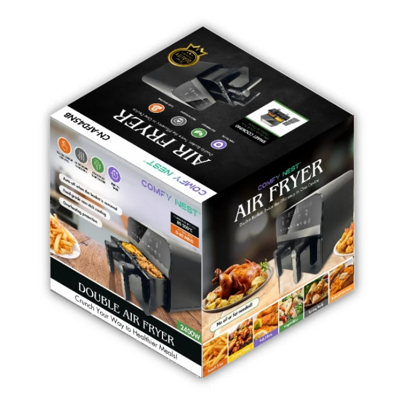 Comfy Nest CN-AFD45NB: 2400W Black Double Basket Digital Air Fryer - 9L