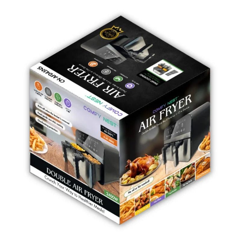 Comfy Nest CN-AFD45NS: 2400W Double Basket Digital S/S Airfryer - 9L