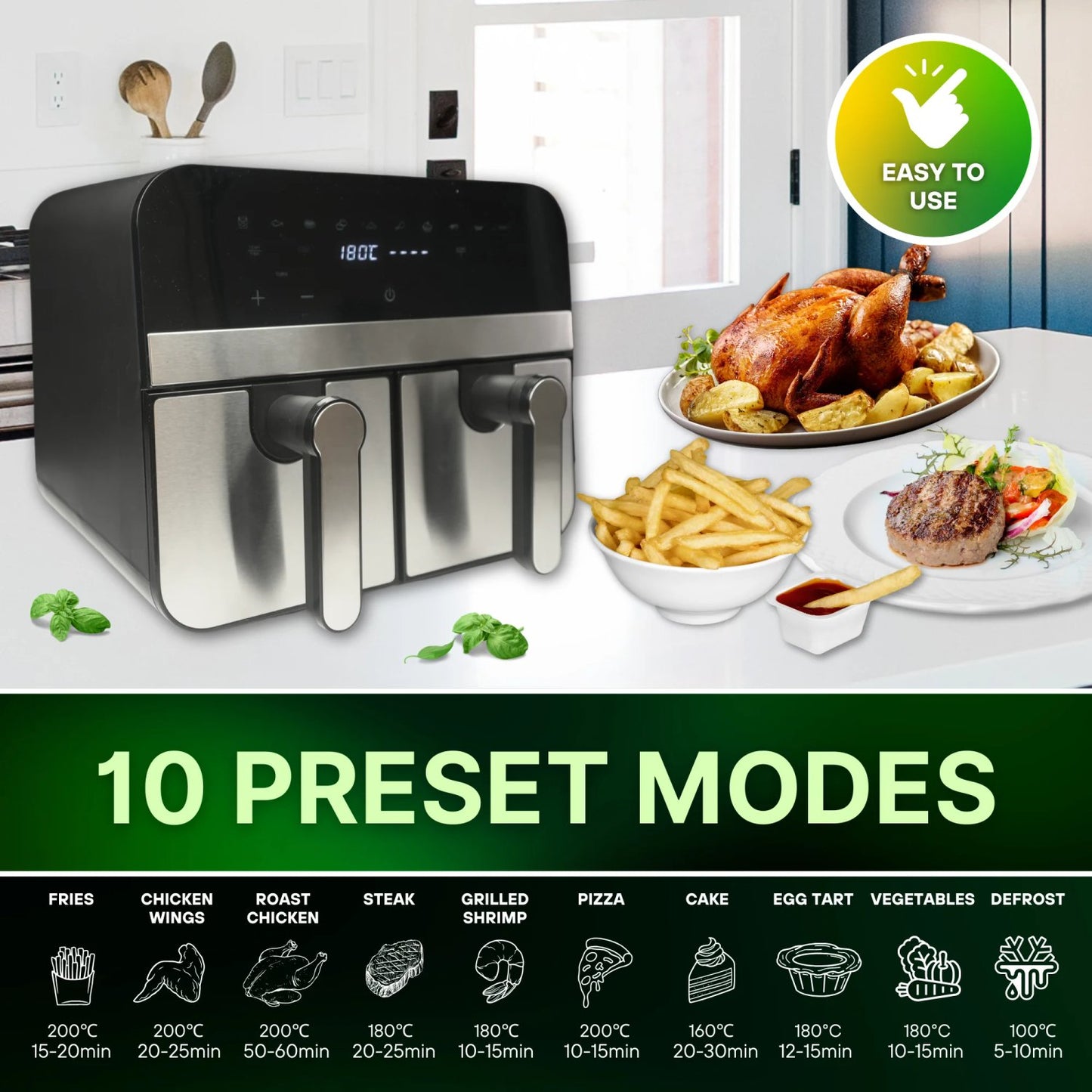 Comfy Nest CN-AFD45NS: 2400W Double Basket Digital S/S Airfryer - 9L