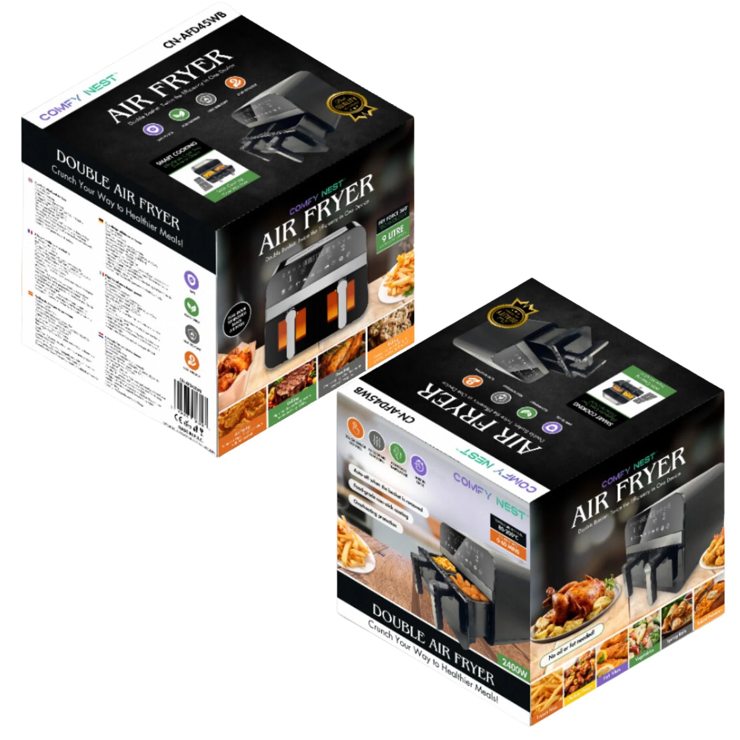 Comfy Nest CN-AFD45WB: 2400W Black Double Basket Digital Air Fryer w/ Window - 9L