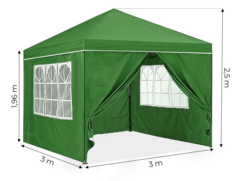 Commercial garden pavilion, automatic, 4-wall windows, entrance, 3x3m - green