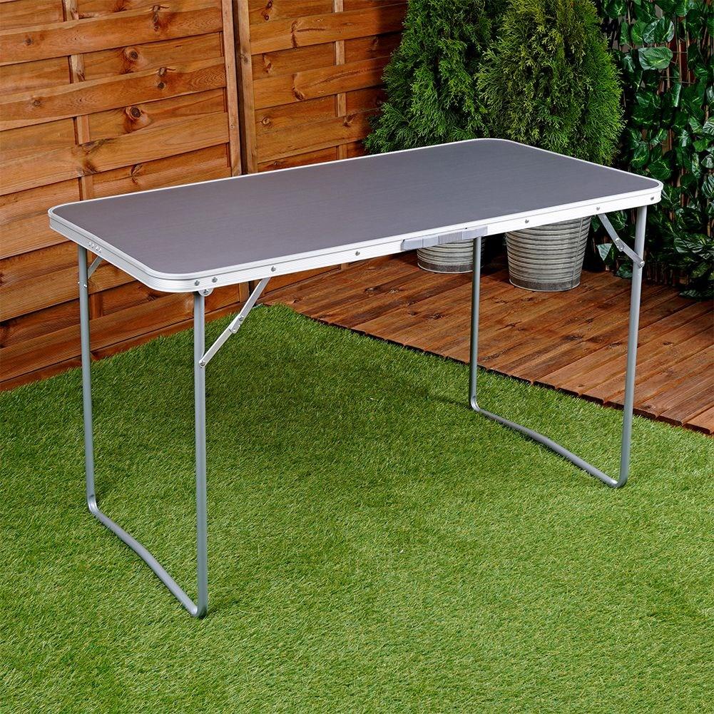 Compact and weatherproof camping table with metal legs