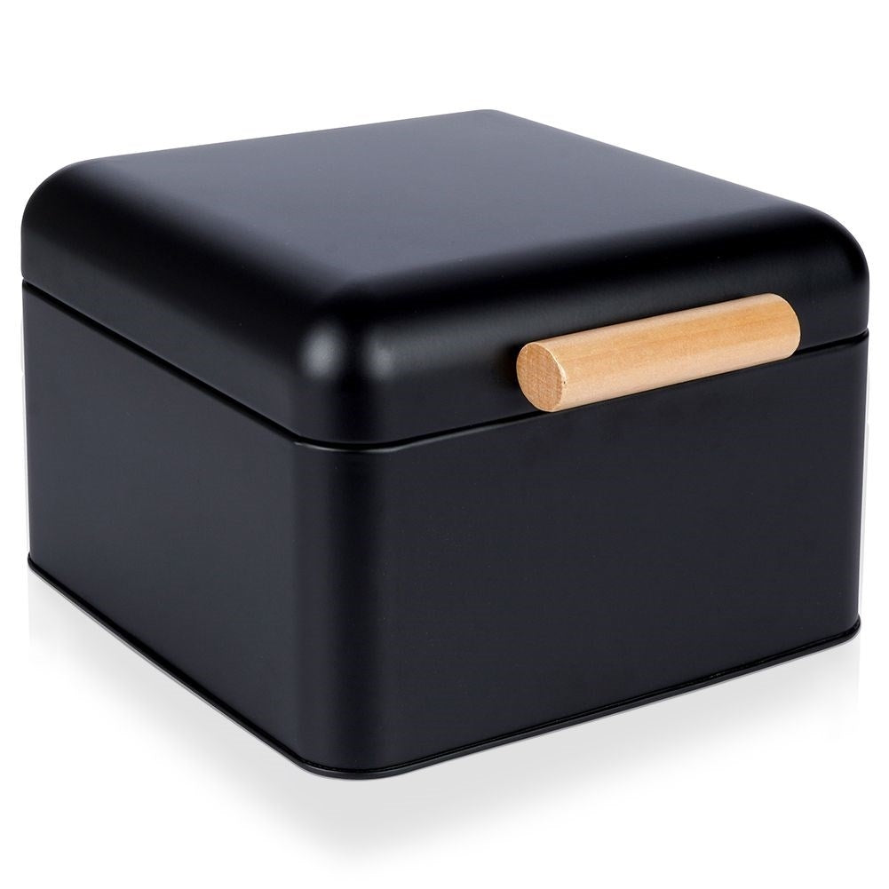 Compact black metal bread box with hinged lid
