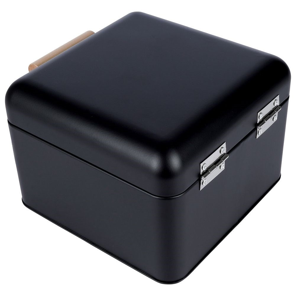 Compact black metal bread box with hinged lid