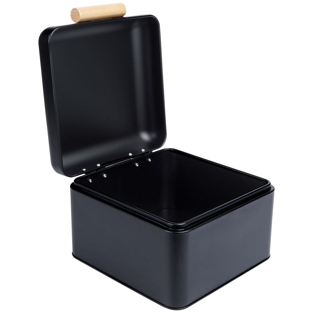 Compact black metal bread box with hinged lid